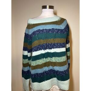 Talbots Womens Striped Chunky Cable Knit Wool Blend Sweater Blue Green Multi